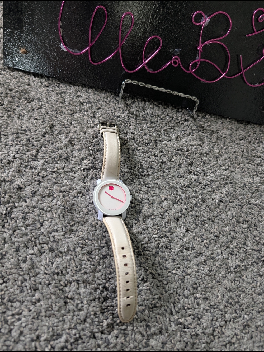 Used Condition Movado Bold White Leather Watch with Neon Pink Accent